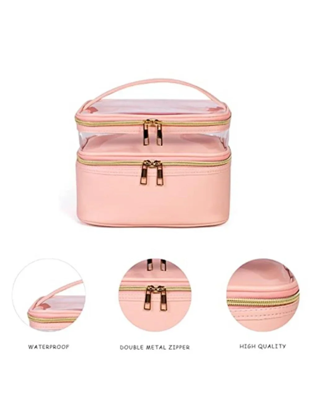 Pink Leather Double Layer Makeup Bag Travel Toiletry Cosmetic Organizer Pouch